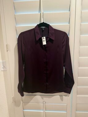 Express Satin Portofino Shirt Deep Plum XS NWT